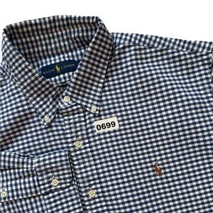 Ralph Lauren Blue White Gingham Men's XXL Button Down Shirt Logo Short Sleeves